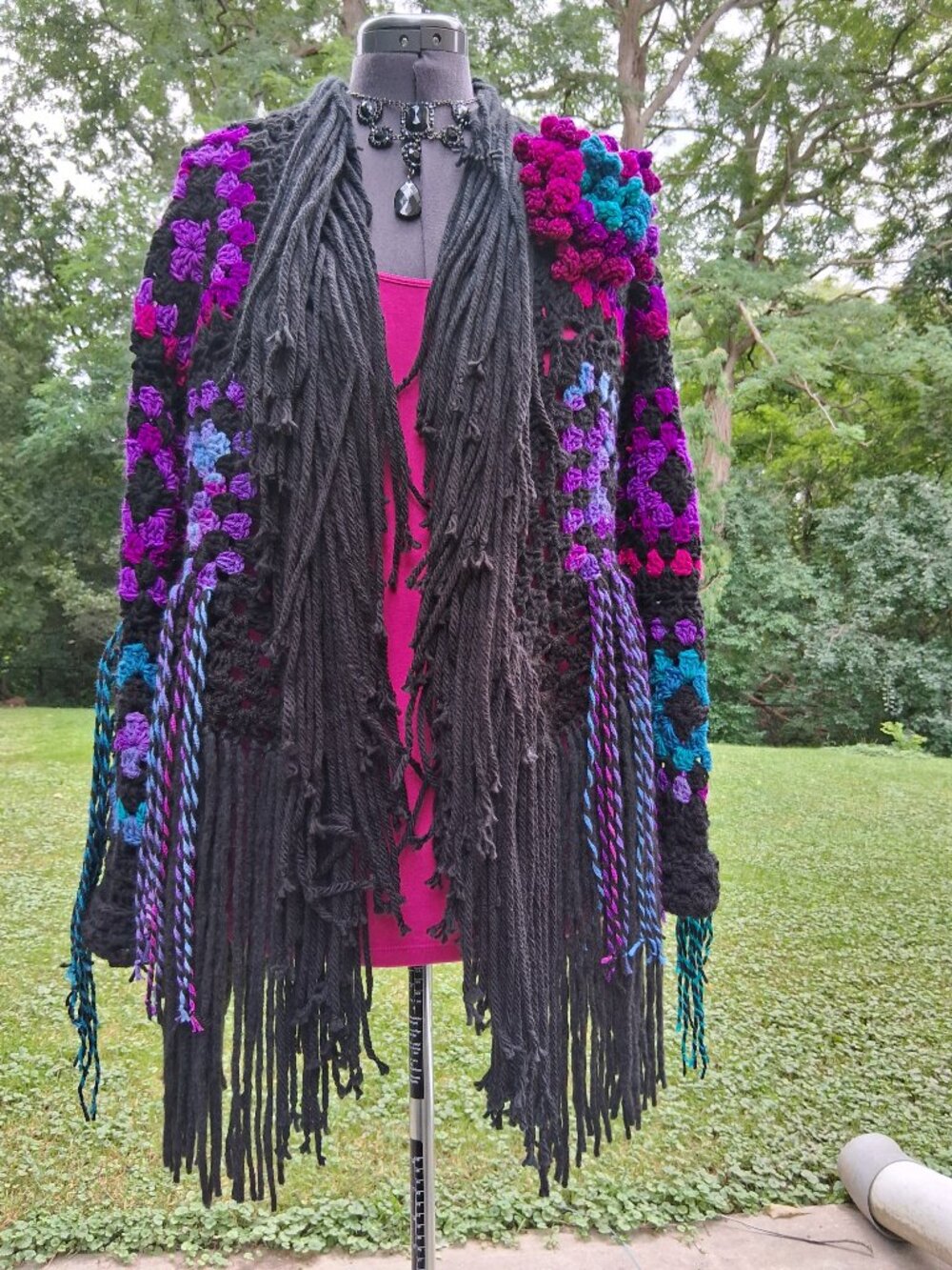 Boho Black Colorful Granny Square Super Fringe Sweater Large - Picture 5 of 13